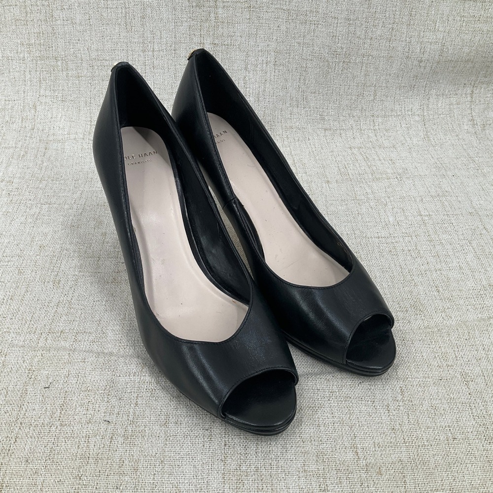 Cole Haan Peep Toe Pumps Womens 8.5 Black Leather Grand.OS Stiletto Classic Heel
